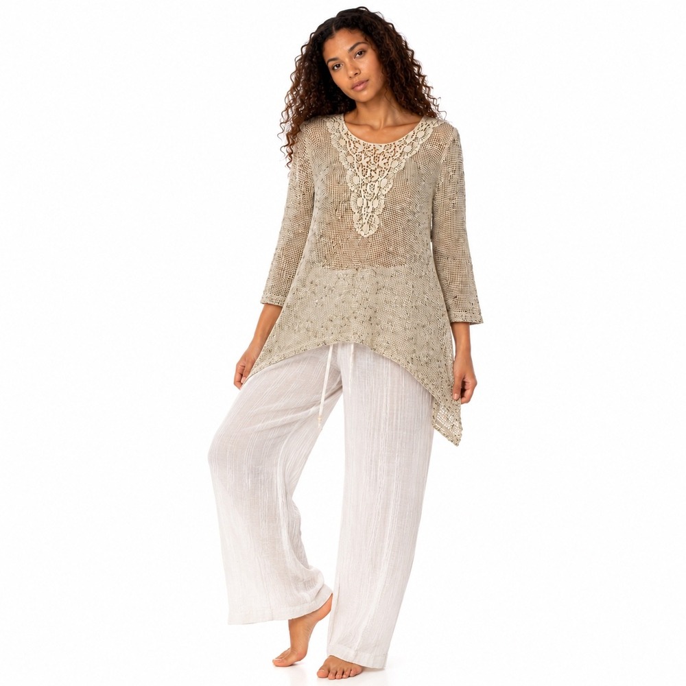 Krazy Kat Women Tunic Top Beige XL‎ Boho Crochet Lace Open Knit Sharkbite Hem
